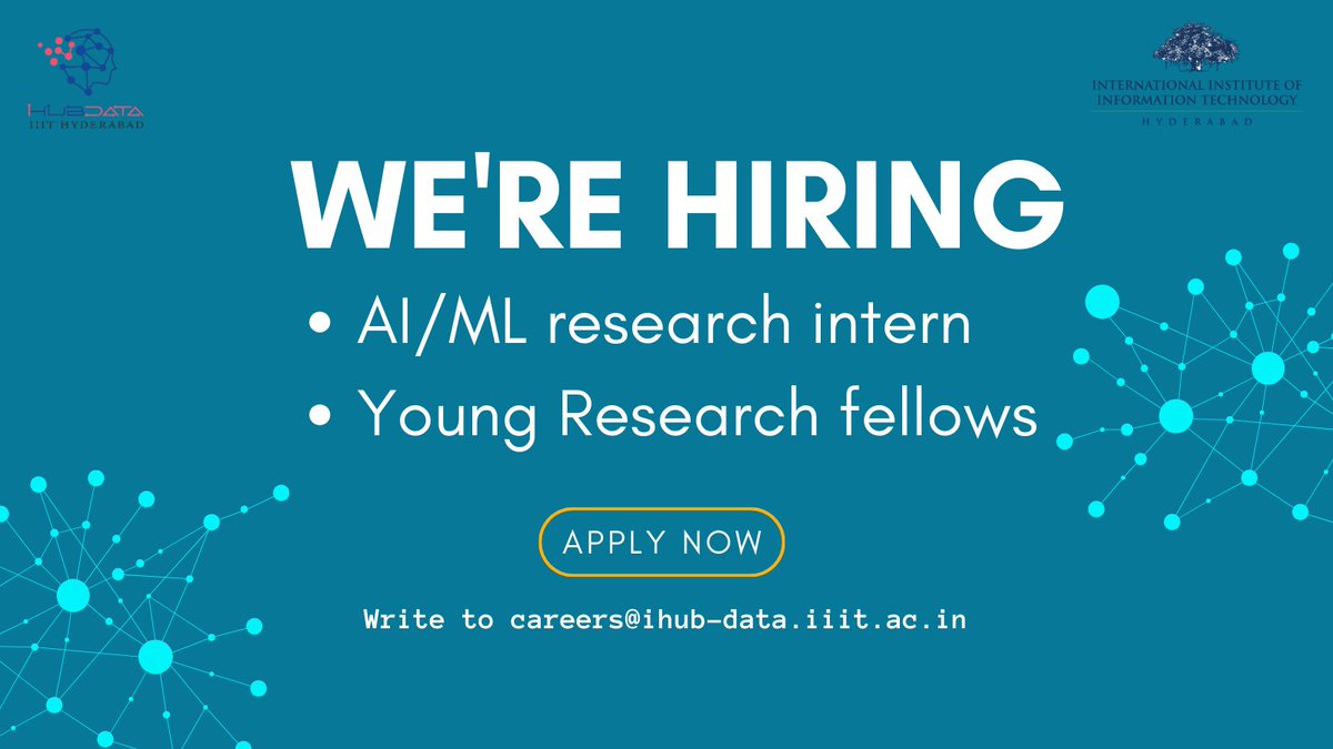 Calling All Future AI/ML Innovators! We are looking for enthusiastic interns/young research fellows. Join us on a journey of innovation & discovery in the AI/ML realm. Write to careers@ihub-data.iiit.ac.in For more info visit: hai.iiit.ac.in/joinus.html #AIMLresearch #internship