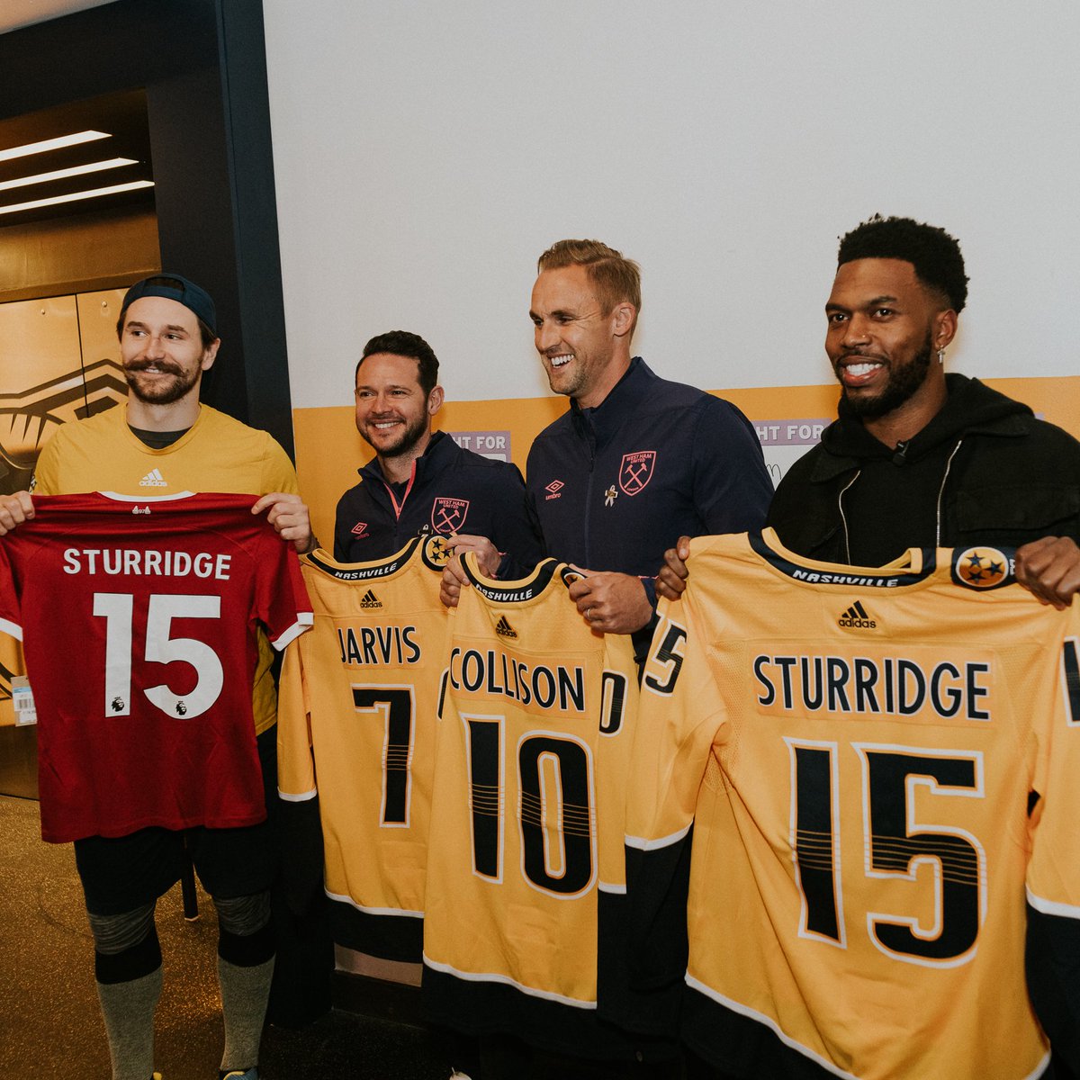 When the @premierleague meets the @NHL 🤝 Daniel Sturridge, Jack Collison, and Matt Jarvis hit the ice to hang with the @PredsNHL 🏒⚽️