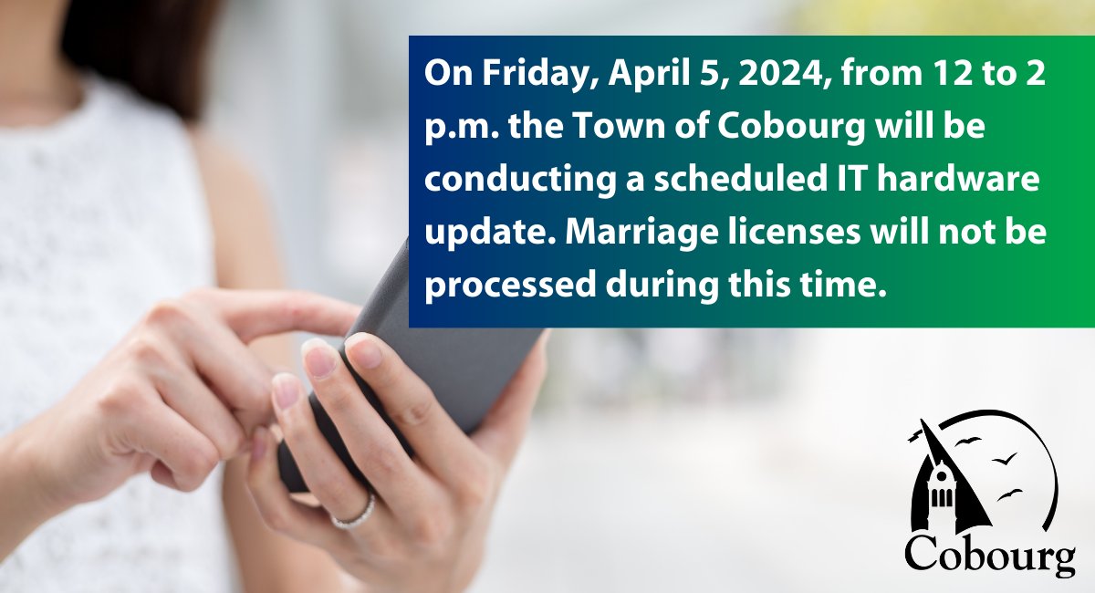 COMMUNITY: The Town of Cobourg Corporate Services Division would like to advise residents of a temporary disruption to municipal services due to a scheduled IT hardware update on Friday, April 5, 2024, from 12 p.m. – 2 p.m. Read more: bit.ly/3J31iq5