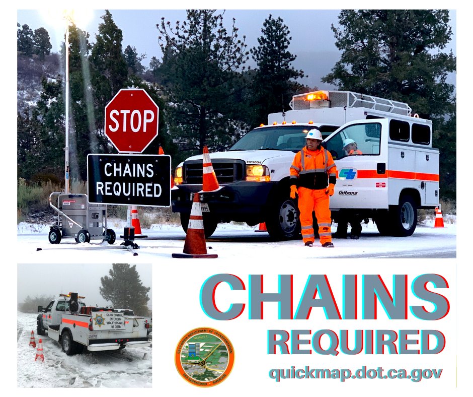 R-2 chain ⛓🚘control conditions exist in the San Bernardino, LA, and Riverside Mountains this morning on SR-2, 18, 38, 138, 173, 189, 330, and SR-243. Please limit your travel as temperatures are lowering and the snow level too. Quickmap.dot.ca.gov #Caltrans8