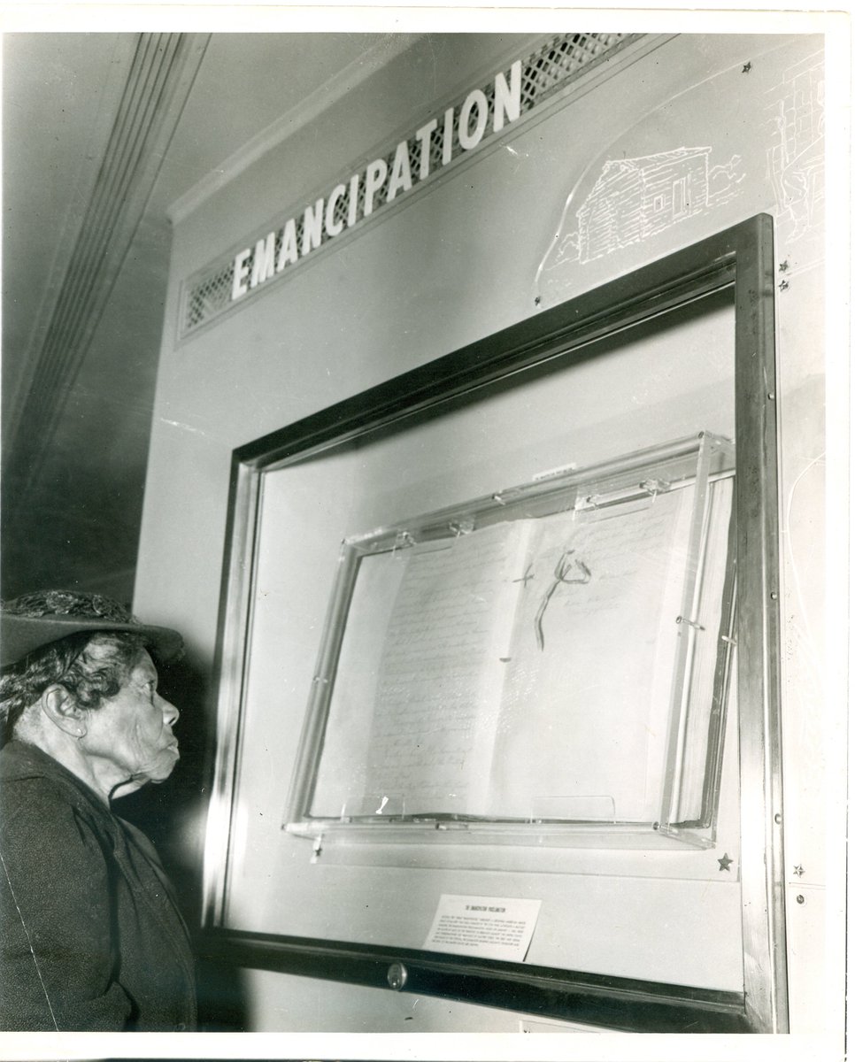 This remarkable photograph shows the then-oldest living ex-enslaved individual, Mrs. Sally Fickland, viewing the Emancipation Proclamation in the Freedom Train at Philadelphia, on September 17, 1947. 

#ArchivesSnapshot