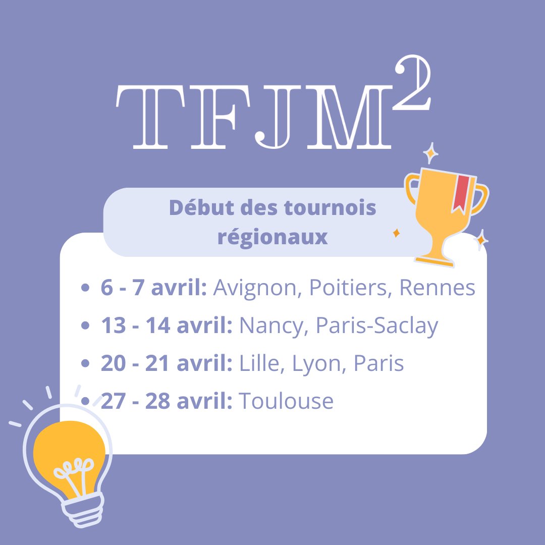 🤩 Les tournois régionaux du Tournoi Français des Jeunes Mathématiciennes et Mathématiciens (@TFJM2) démarrent ce week-end ! 🏆 💪 Bonne chance à toutes les équipes ! 💡Pour plus d'informations sur le tournoi : tfjm.org