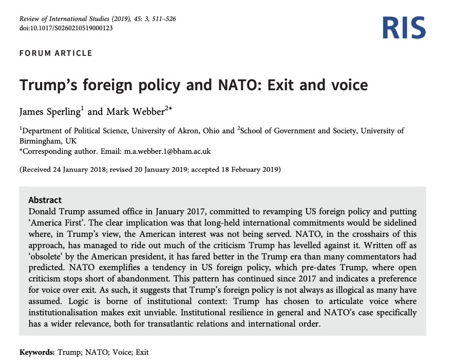 #NATO75: Here is another article from our archives about the future of NATO 👇 James Sperling and @MarkAlanWebber 'Trump’s foreign policy and NATO: Exit and voice' buff.ly/4amAj4C @EJIntSec @MyBisa @CUP_PoliSci