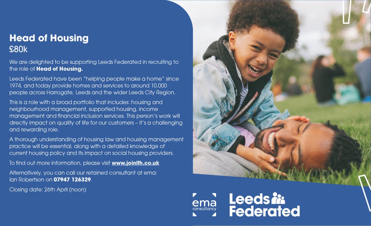 @Ema_Consultancy are delighted to partner @leedsfederated to recruit a new Head of Housing (£80k). To find out more information, please visit joinlfh.co.uk or for a confidential discussion, contact Ian Robertson on 07947 126329 #housinguk #socialhousing