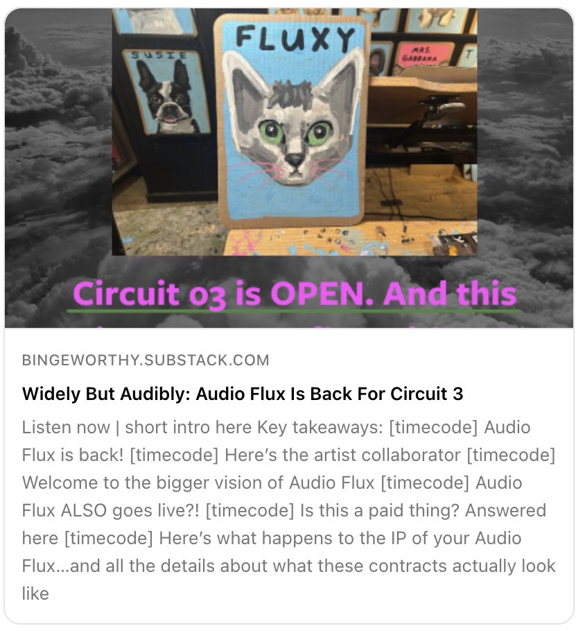 Widely But Audibly: Audio Flux Is Back For Circuit 3 We love loooooong audio...but guess what? Short is beautiful too @audiofluxing is back for Circuit 3 and this time it's all PETS w/ Ben Lenovitz MUST 🎧 to this ep w/ @jatomic & John DeLore post 👇 open.substack.com/pub/bingeworth…