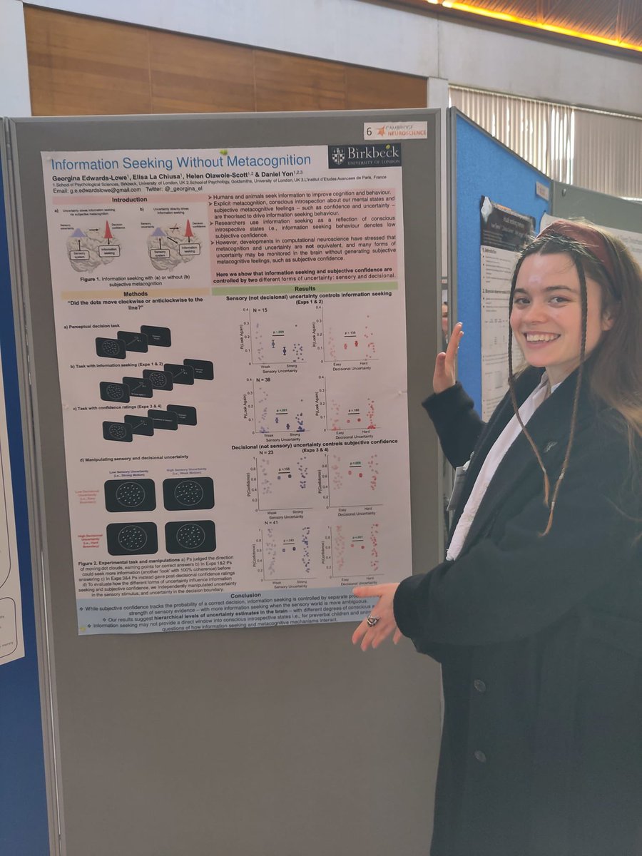 If you are lucky enough to be at the Cambridge Neuroscience Symposium today (@CamNeuro) you can see Krisztina and Georgie from lab talking about their latest work - on expectations, uncertainty, paranoia, information seeking and meta-awareness 🧠 @_georgina_el @bbkpsychology