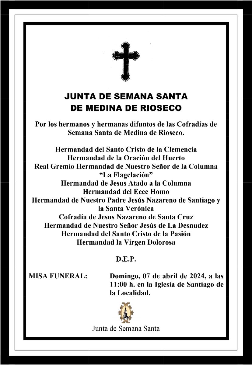 ✝️ Misas por los Hermanos difuntos 🕔 10.00 horas. Iglesia de Santa María, MISA para las Hermandades del Viernes Santo y Domingo de Resurrección 🕔 11.00 horas. Iglesia de Santiago, MISA para las Hermandades del Martes y Jueves Santo 👉Al acabar las misas traslado de Pasos