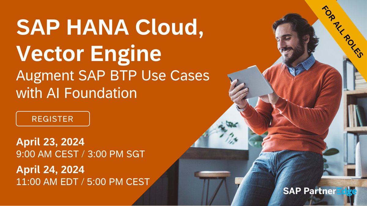 #SAPPartners, harness the power of SAP HANA Cloud vector engine. Leverage its capabilities to enhance your generative AI solutions with specific business contexts. Understand RAG, vectors &amp; embeddings, and create intelligent solutions on #SAPBTP. Register: imsap.co/6011wJ8vB
