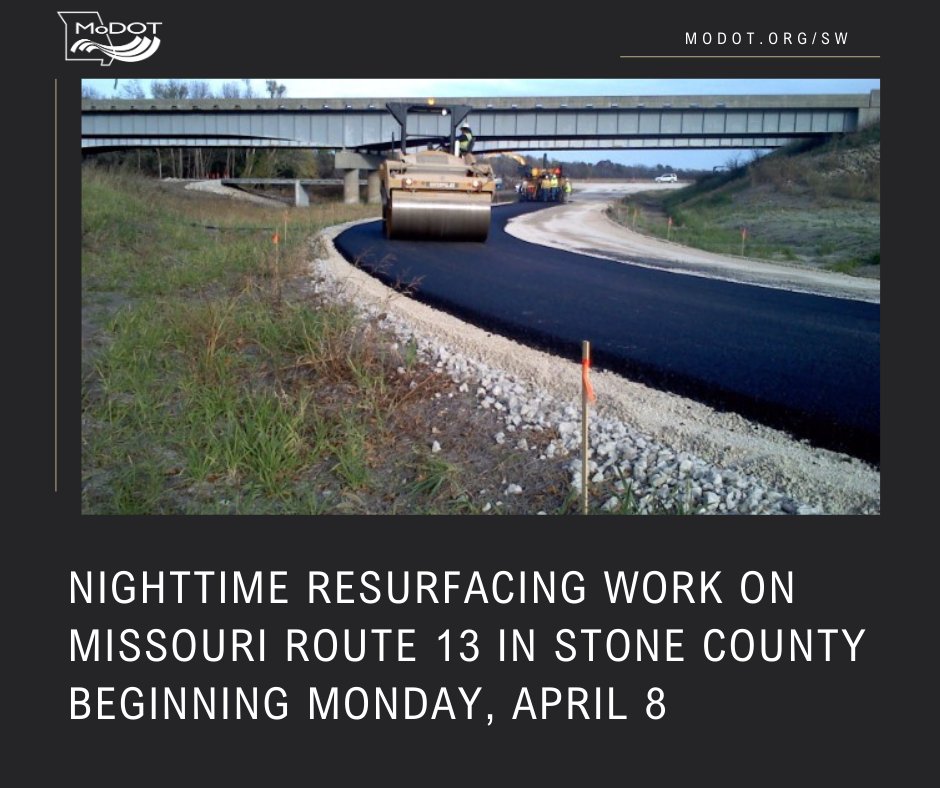 MoDOT_Southwest's tweet photo. Nighttime resurfacing on Route 13 between the Table Rock Lake bridge in #KimberlingCity and the Arkansas State line in #BlueEye.
Work will be done during nighttime hours of 6 p.m. – 6 a.m. from Monday - Friday #MoDOTSW #StoneCo https://t.co/Ng3hYPqjsV