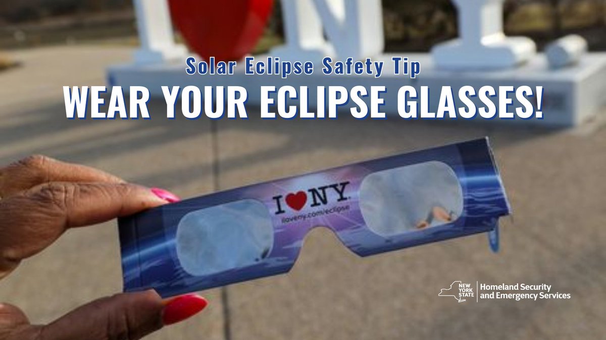 NYSDHSES's tweet photo. During the #solareclipse, looking directly at the sun is unsafe without specialized eye protection, so don’t forget to wear your eclipse glasses!

Find eclipse viewing glasses, including limited edition @I_LOVE_NY glasses here: https://t.co/3b48OkZRkM https://t.co/6sFb5U3YeP