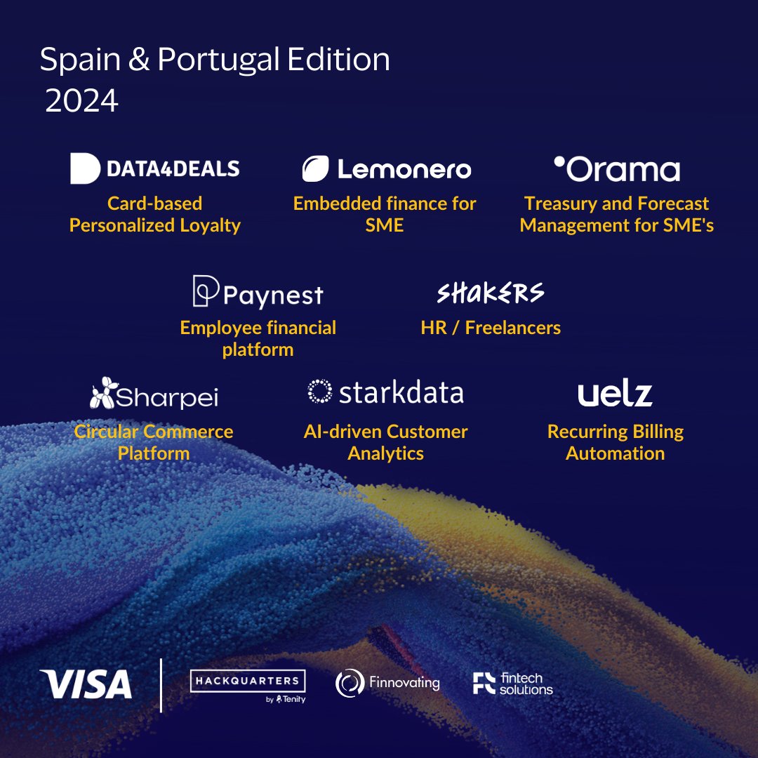 Exciting Reveal: Visa Innovation Program Europe 2024's Selected Fintechs in Spain & Portugal! 🇪🇸🇵🇹 Meet the Fintechs: Data4Deals Lemonero Orama Paynest Shakers Sharpei Starkdata Uelz