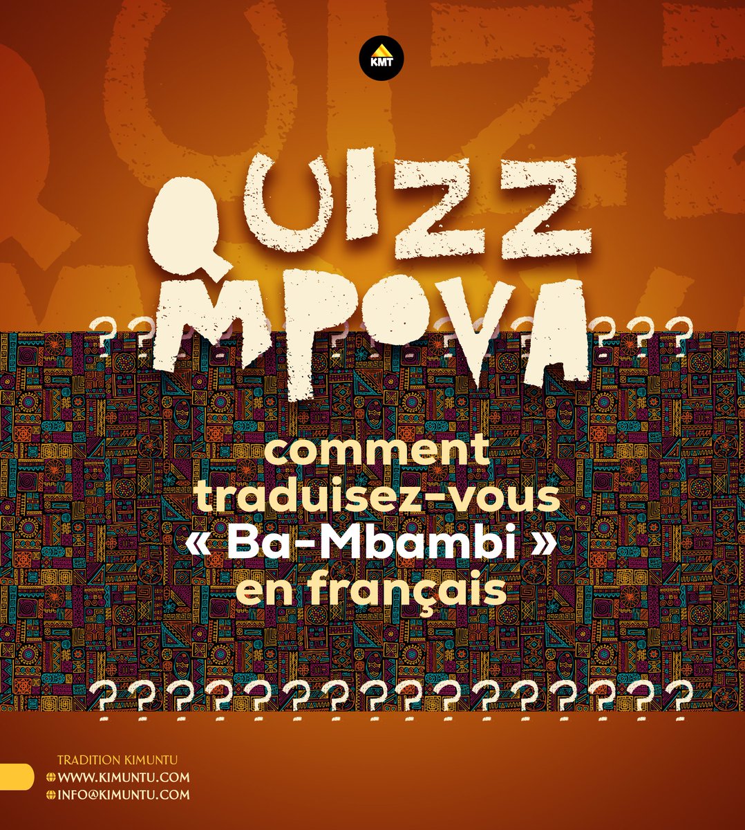 EcoleKimuntu's tweet photo. Mboté Ba Zola Mpangi !
Quizz Mpova pour enrichir facilement votre vocabulaire Kikongo
Comment traduisez vous ce mot ? 
A nos claviers https://t.co/MKWBypPKfv