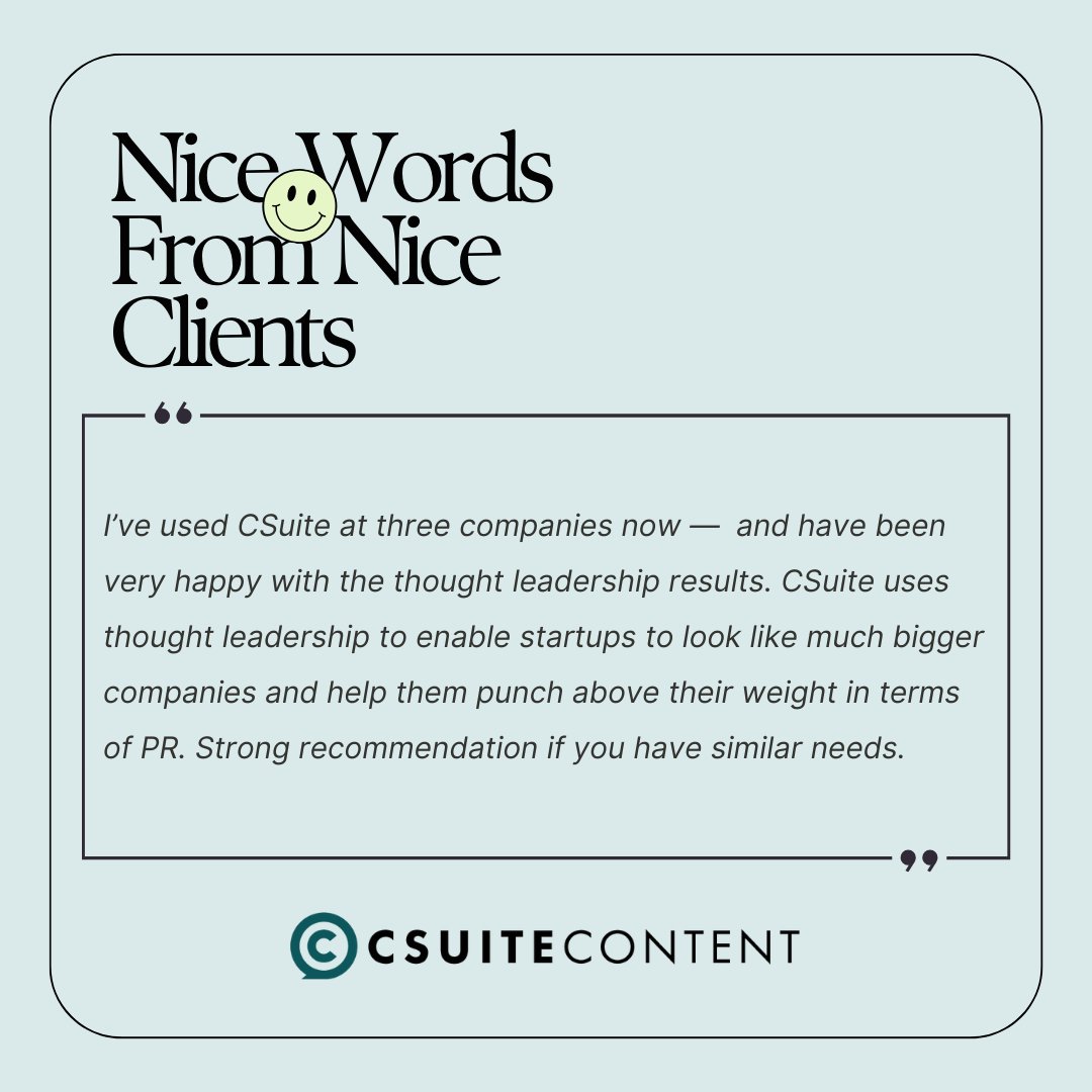 CSuiteContent's tweet image. We strive for client reactions like THIS.👇

While skillfully growing these startups to multibillion-dollar exits, this experienced exec leaned on our services to humanize his companies, craft stories that strike a chord, and reach critical investors and other stakeholders.