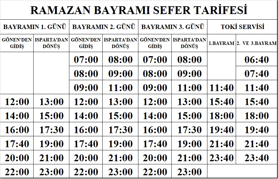 Ramazan Bayramı nedeniyle 10 Nisan Bayramın 1. Gününden itibaren 12 Nisan tarihine kadar 3 gün boyunca Ramazan Bayramı tarifesi uygulanacaktır.
