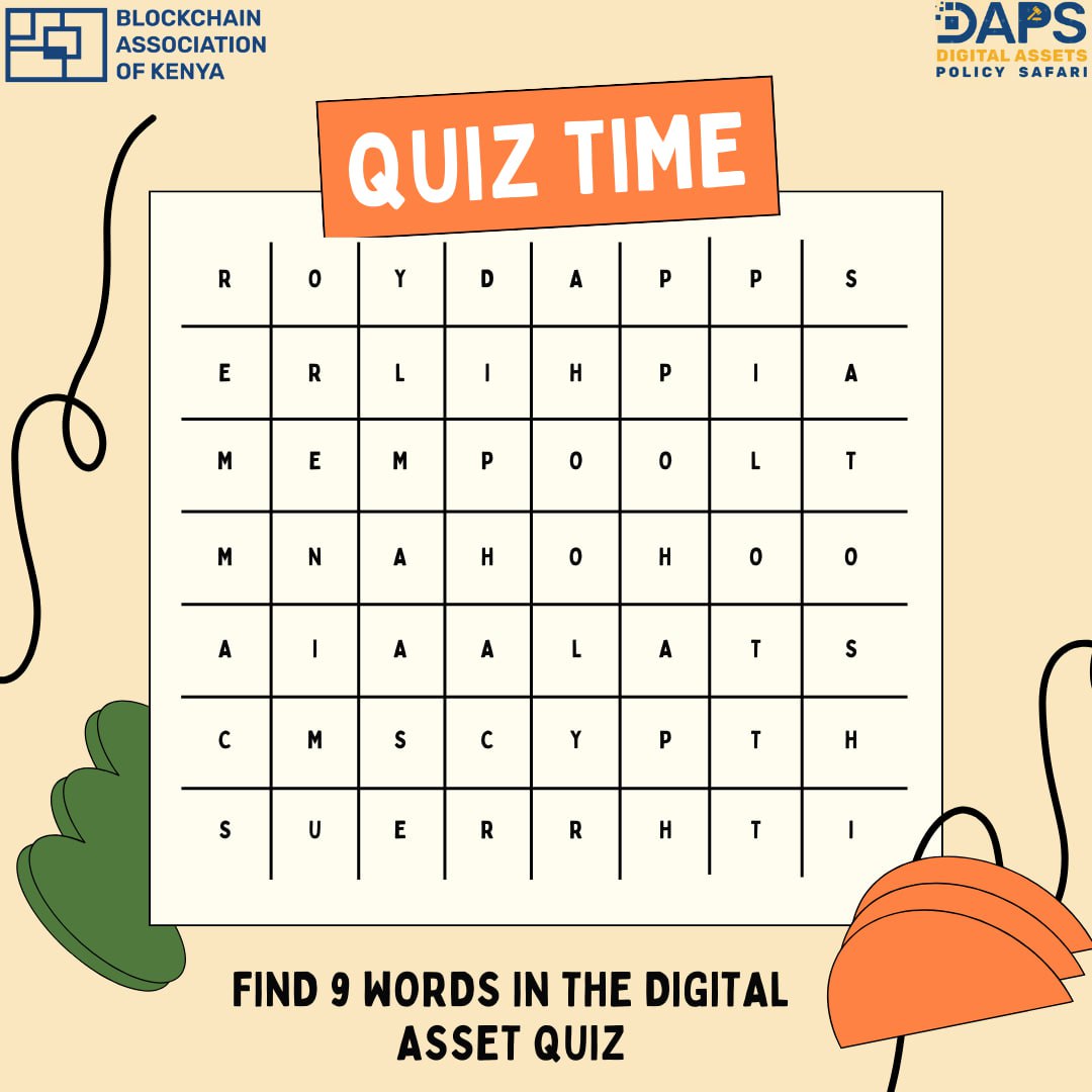 Blockchain Association of Kenya (BAK) (@blockchainkenya) on Twitter photo ๐ป GM as always in Web3.
๐ฆ Here's 9 words to puzzle your mind on everything digital assets. 
๐น Whoever gets them all right, wins the game. 
๐ผ Bonus if you can give us the definitions. 
#gaming #GamingCommunity #DigitalAssets #TREASURE ๐ป GM as always in Web3.
๐ฆ Here's 9 words to puzzle your mind on everything digital assets. 
๐น Whoever gets them all right, wins the game. 
๐ผ Bonus if you can give us the definitions. 
#gaming #GamingCommunity #DigitalAssets #TREASURE