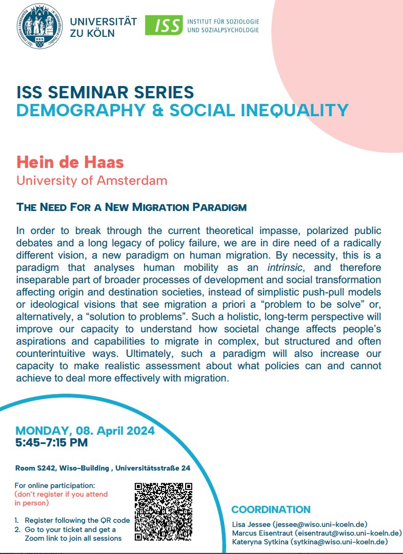 📣Next Monday, @heindehaas will kick off our Seminar Series on #Demography and #SocailInequality. Feel free to join! 📅08th of April 🔖 The Need For A New Migration Paradigm For more information about his talk and how to join👇