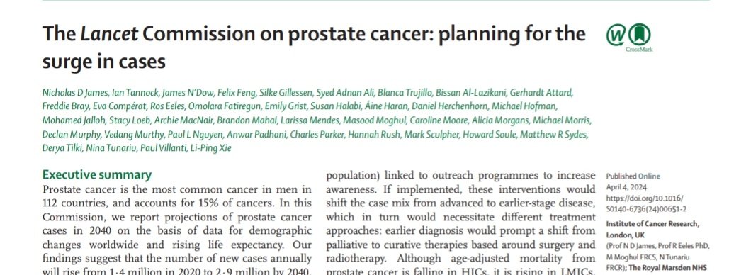 A surge is coming..... Honoured to be part of this huge effort pulled off by a team led by @Prof_Nick_James A 20 year view of what #prostatecancer will do and what we can do about it as caregivers and policy makers in HIC and LMIC. @TheLancet Commission out today at #EAU24