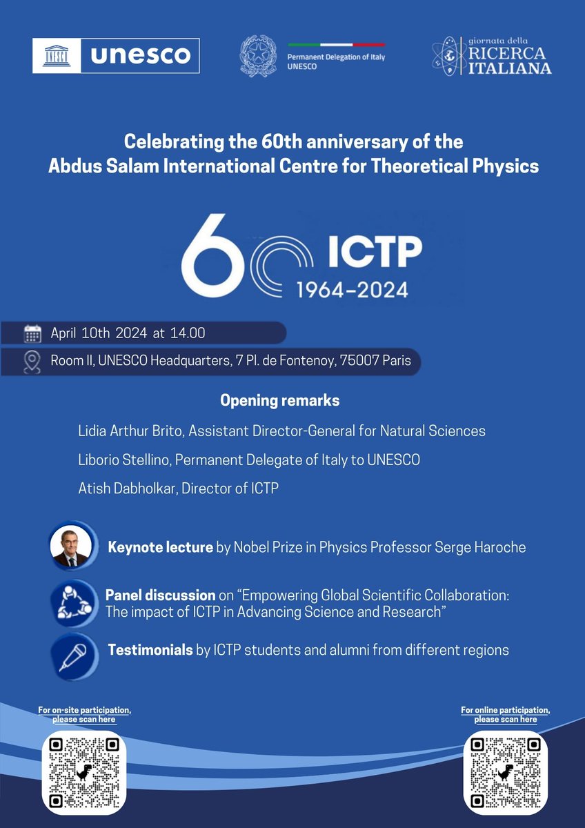 Join us online or in person for the celebration of the 60th anniversary of @ictpnews , a @UNESCO Category 1 Institute. ICTP is a centre of excellence, based in Trieste and proudly supported by Italy, focused on key issues such as quantum computing and artificial intelligence.