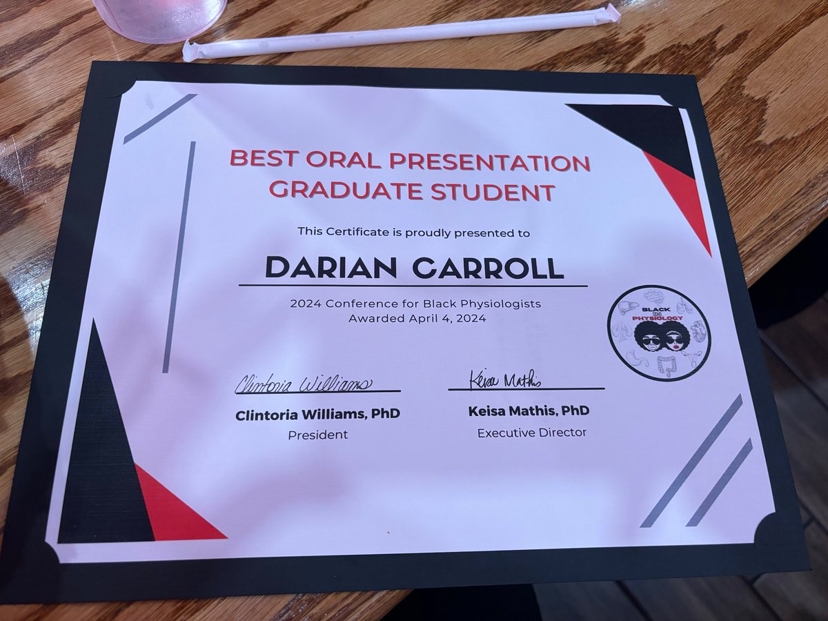 Tickled pink to have received an oral presentation award from the Conference for Black Physiologists #C4BP #C4BP2024! Honestly, seeing everyone in the flesh has been the highlight of this trip so far! Thanks to the organizers of @BlackInPhysio.
