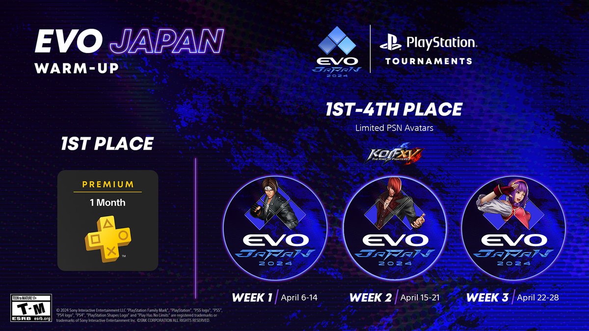 [KOF XV] Participate in the 'KOF XV' #PS5 tournament to warm-up #EVOJapan2024 and win PSN subscription and exclusive #EVOJ24 PSN avatars! ■How to participate Register from the PS5 console game hub #KOFXV #KOF15