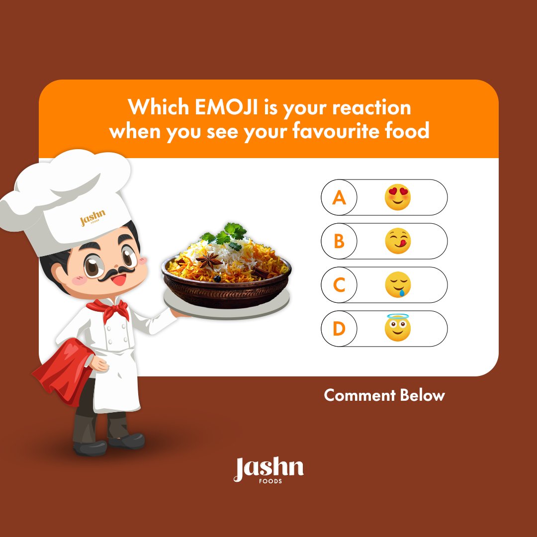 Which emoji best defines your foodie character? Comment and let us know.
.
.
#ChaloJashnBanateHai #JashnFoods #TheFinestBasmatiRice #Briyani #Pulav #Guess #Emoji #Foodie #FoodieCharacter #FoodLove #FoodBlogger