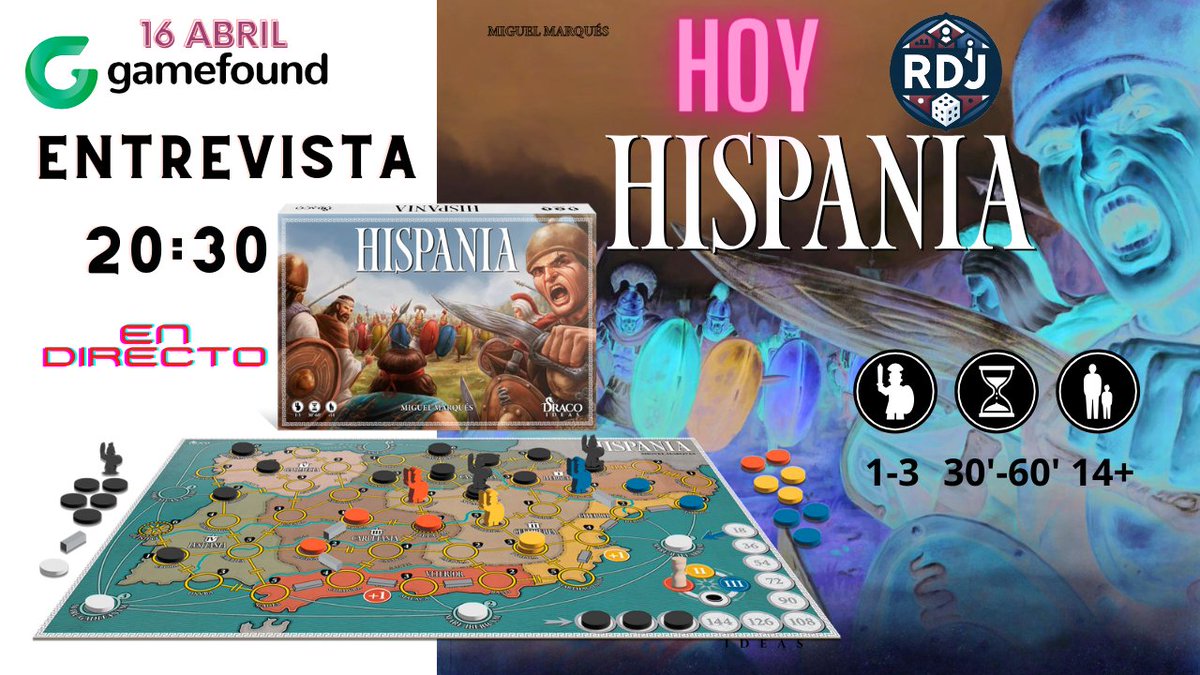 A las 20:30 nos acompaña @DracoIdeas para hablarnos de la próxima campaña de #Hispania en @gamefound os esperamos en twitch.tv/rincondejugones