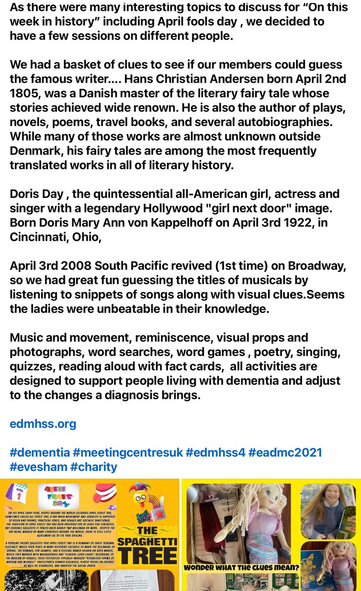 eadmc20's tweet photo. Music &amp; movement,reminiscence,visual props &amp; photographs,word searches,word games,poetry,singing, quizzes,reading with fact cards,all activities are designed to support people living with dementia &amp; adjust to the changes a diagnosis brings.
 #dementia #meetingcentresuk https://t.co/KpkinPclep