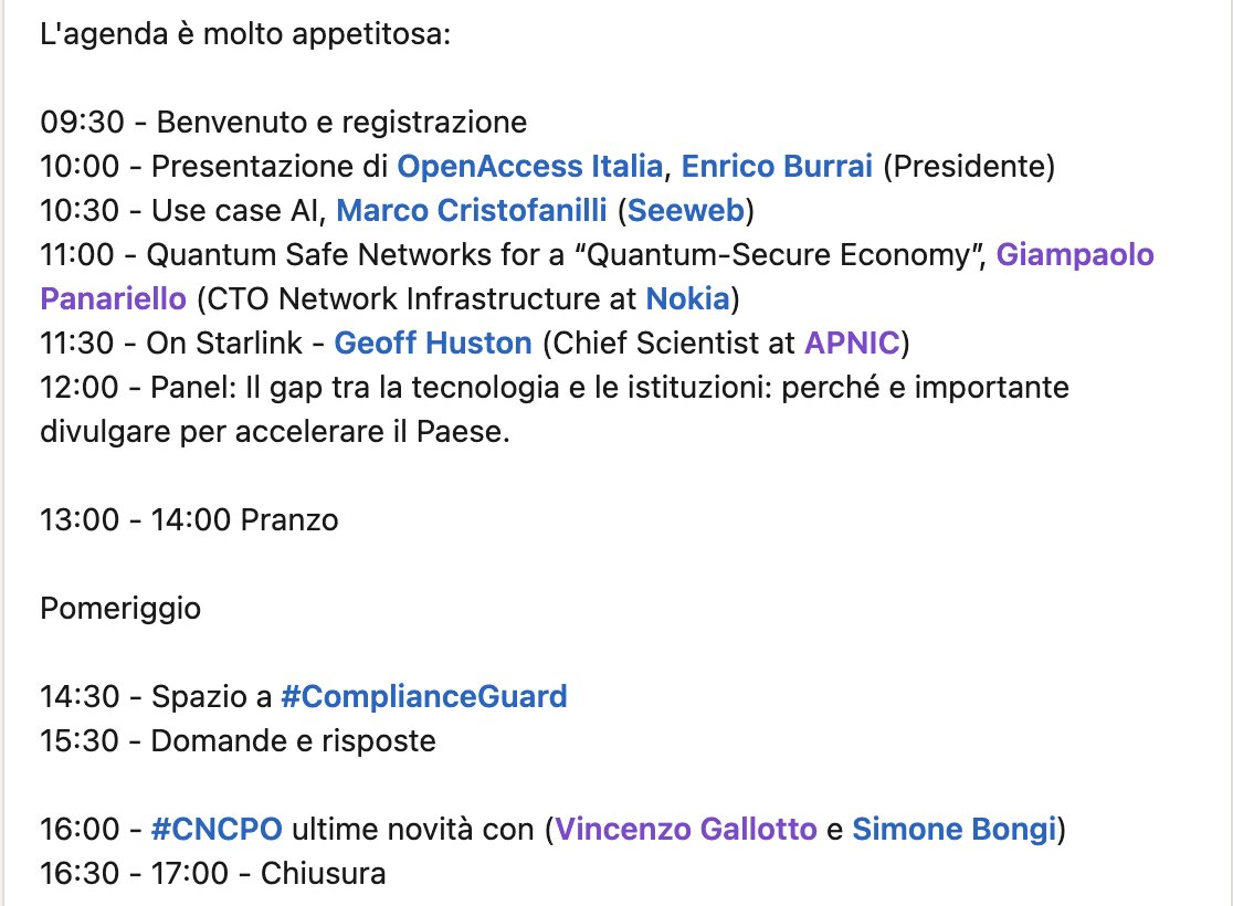 Invito caldamente voi tutti colleghi di ISP e operatori di Rete a Roma per la presentazione dell'associazione OpenAccess Italia il giorno 12 aprile 2024 dalle ore 09:30 al Best Western Plus Hotel Universo.
 
<a href="/openaccessit/">openaccessitalia</a> 

Prenotate il posto:
eventbrite.it/e/biglietti-pr…