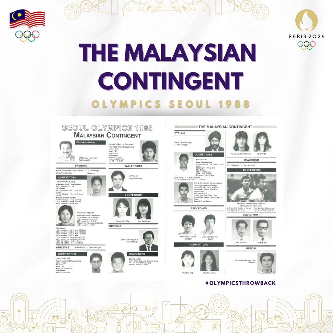 olympicmas's tweet photo. These are the individuals who formed the Malaysian Contingent for the Olympics Seoul 1988. In Athletics, we were represented by Nordin Mohamed Jadi OLY and Josephine Mary Singarayar OLY, who competed in the 400m event.  #OlympicMAS #OlympicThrowback https://t.co/VdlAqWUFMD
