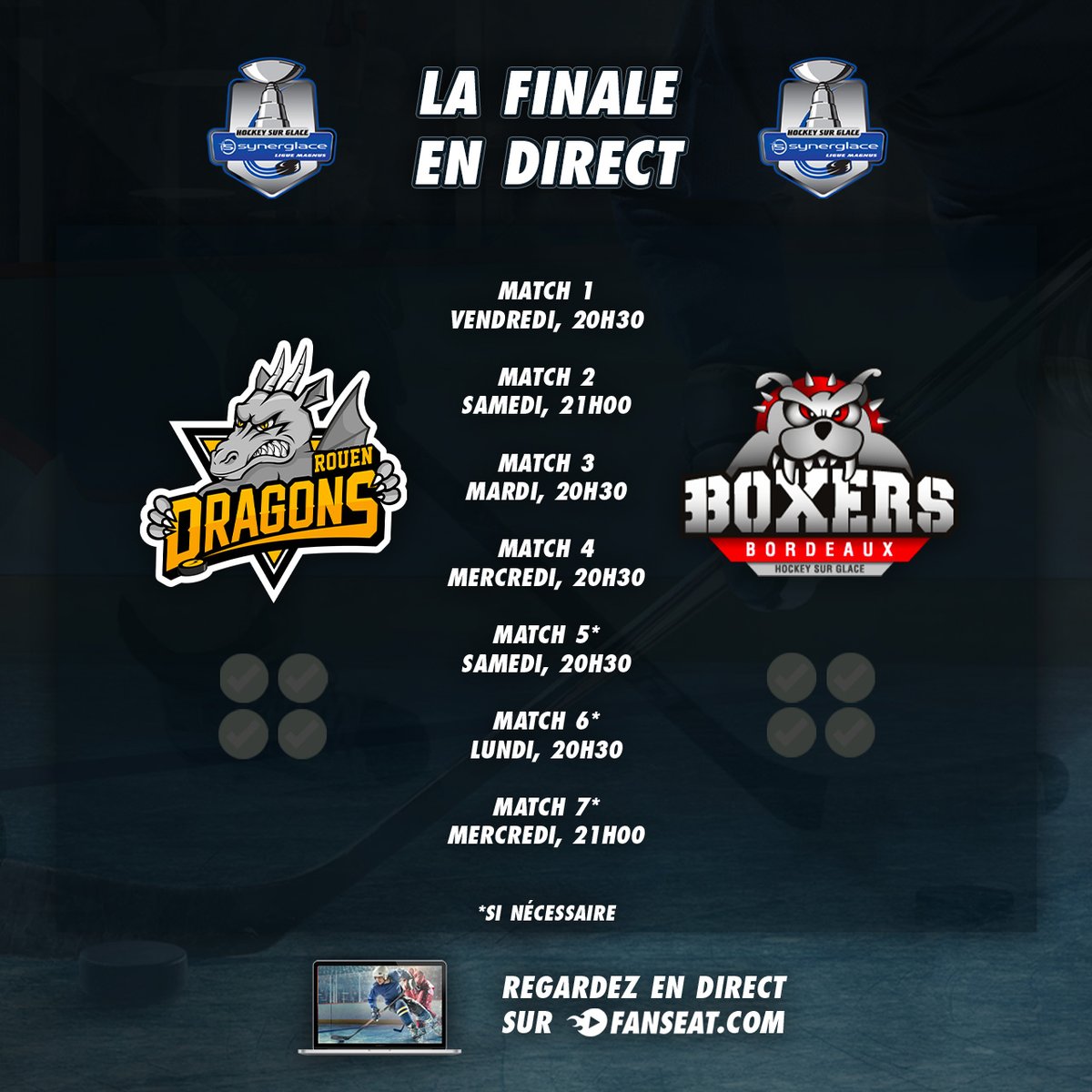 🏒🇫🇷 C'est les Dragons de Rouen face aux Boxers de Bordeaux dans a finale de la <a href="/LigueMagnus/">Synerglace Ligue Magnus</a> 2023-24, et tout commence à 20H30 ce soir !!

📺 Regardez les matchs en direct sur FANSEAT

#SLMHockey