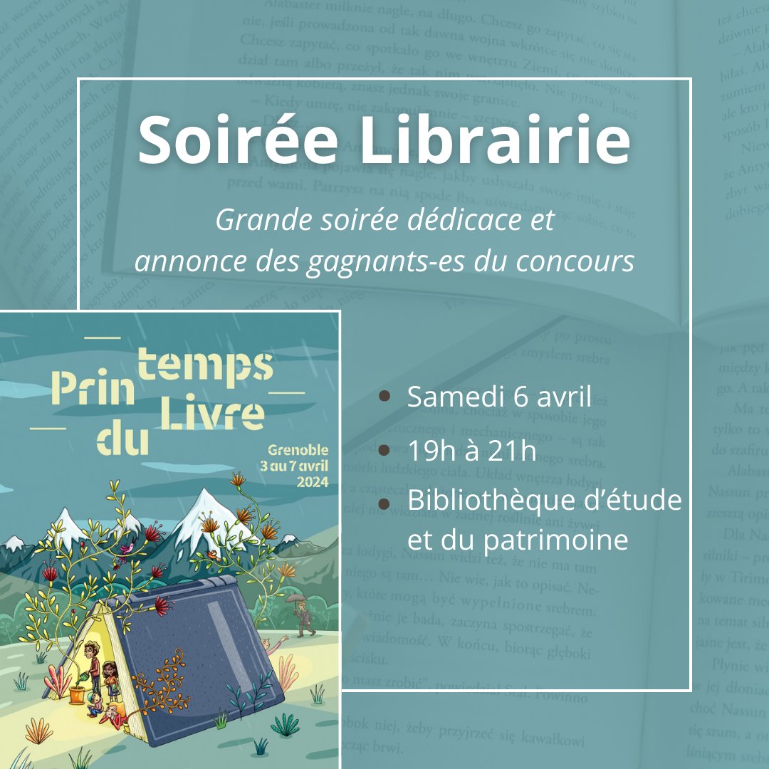 💥 Ne manquez pas la Soirée Librairie ! 📅 Samedi 6 avril 📍 Bibliothèque d'étude et du patrimoine, Chavant 🕒 De 19h à 21h