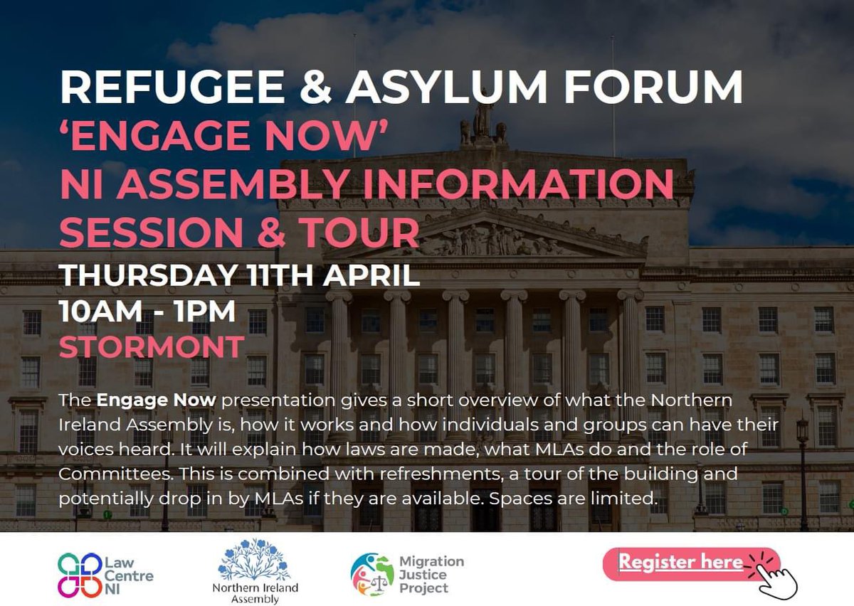 Still places available 👇🏼👇🏼! Information session and tour at Stormont. Closing registration on Monday, please share. People will have to make their own way to Stormont. @Migration_Just @LawCentreNI Register today via link below: forms.office.com/e/FfyJeFXAqk