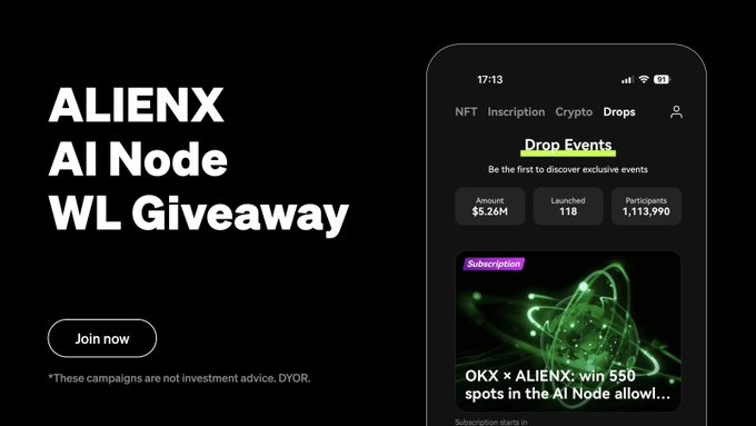 Baili1018's tweet photo. 🔥@ALIENXchain 的AI Node Sale 火爆进行中，登上 #OKXWeb3 首屏

该项目获得由 #OKX 领投两轮的 1700w美金的融资。据悉该项目在六月份会有空投、而AI Node 占比空投最高。

抽 5个 #AINode 的WLS🎁Tier6 *2  ➕ Tier7 *3 ，要求如下：
1⃣ 关注 
@ALIENXchain_cn  & @ALIENXchain_cn
& @Baili1018 
2⃣点赞+转发+留下EVM地址

⏰ 48 H 开奖

✳️这个项目格局很大，无论你是否购买 都可以先预定，预定权益：
🔯购买节点，可获得定金2倍奖励
🔯不买节点，定金100%退款
🔯传送门🚪https://t.co/nwYfxpcgrX…
