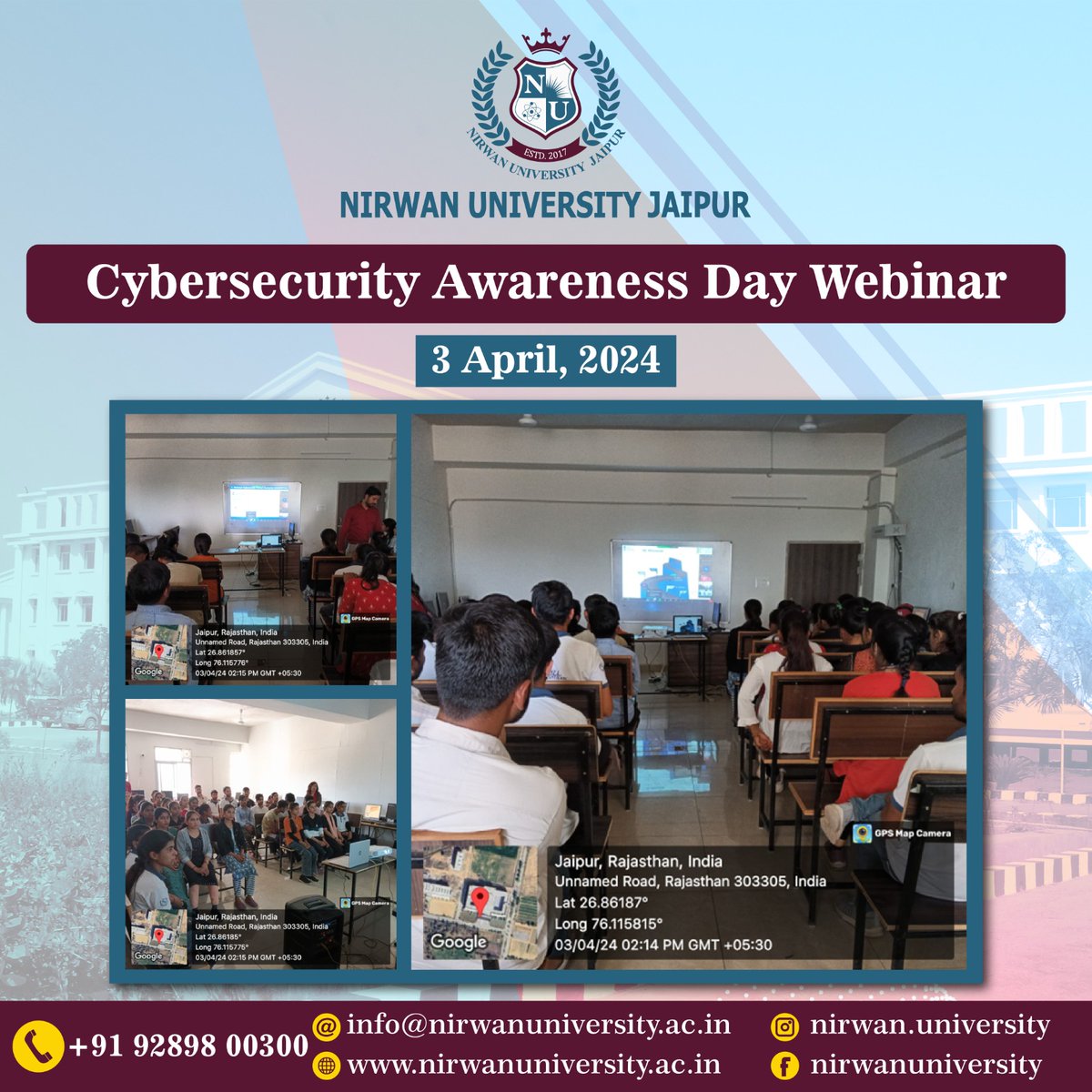 Cybersecurity Awareness Day Webinar: In accordance with UGC letter no. UGC-HQ0eGov(EO)/1/2024-1 dated March 27, 2024, regarding Cyber Jagrookta (Awareness) Diwas, Nirwan University Jaipur hosted a live webinar screening on April 3, 2024. #NirwanUniversity #CybersecurityAwareness