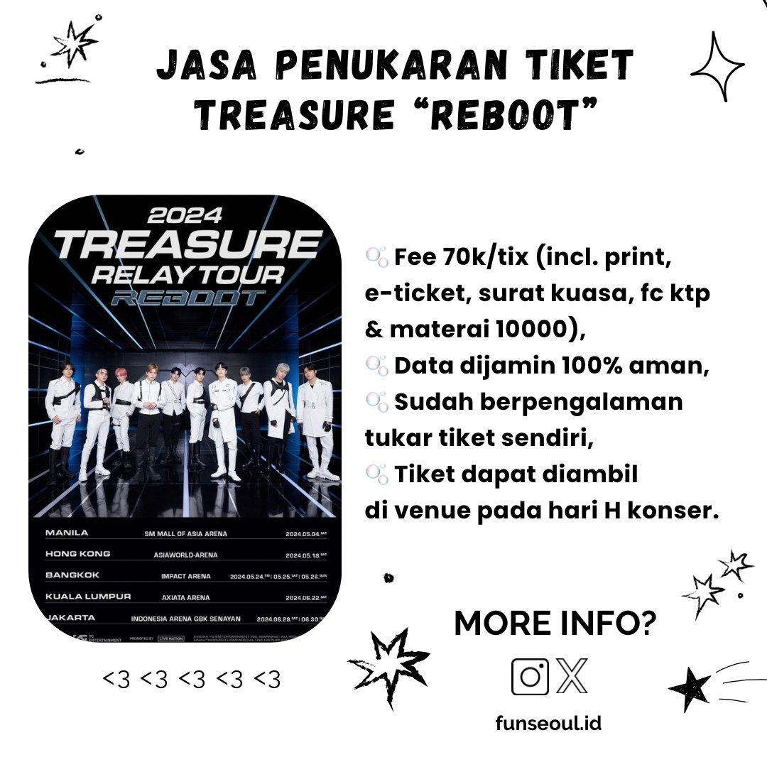funseoul_id's tweet photo. Jasa Penukaran Tiket TREASURE - REBOOT
✅ All sections   
✅100% Trusted  
✅COD Venue 
DM us for ask &amp; order🙌

#TREASURE #TREASURE_REBOOT_IN_JAKARTA #TREASURE_REBOOTinJKT https://t.co/hkW1yoqy9B