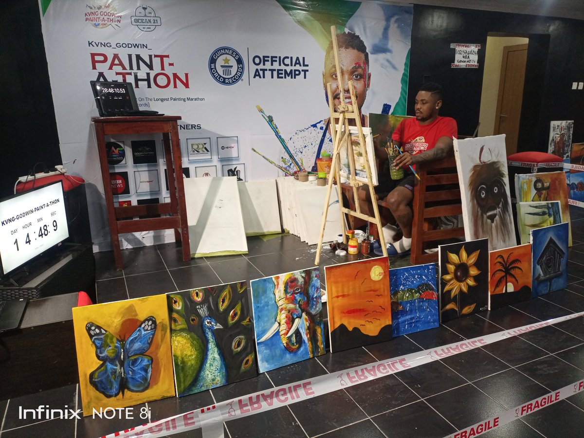 After the technical issue at the 96th hour during the Longest Painting Marathon on Sunday 31st March by Anambra born @godwinpaints which required starting afresh on Wed 3rd April, the team morale went down thanks to Kaffy & comedian Klint Da Drunk who came to motivate us