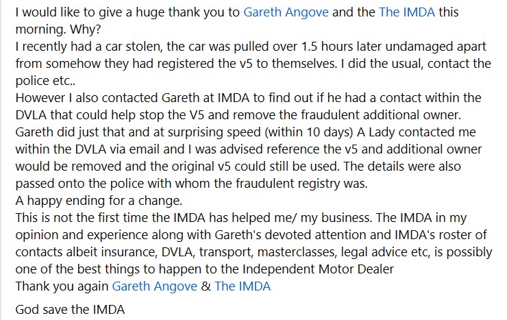 This is what the The IMDA is all about. Helping its members. It's great when we get posts thanking us for help, this is what we do. Help the Independent Motor Dealers who are trying to do the job right, but every now and then need a little support. #theimda