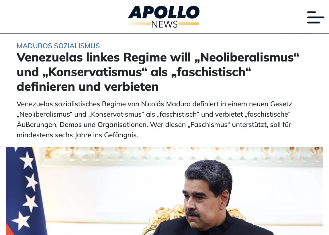 So sieht übrigens der „Kampf gegen rechts“ beim sozialistischen Regime vom Nachfolger des hierzulande einst gefeierten Hugo Chávez aus: „Neoliberalismus“ und „Konservatismus“ sind jetzt „faschistisch“ und werden mit min. sechs Jahren Gefängnis bestraft. apollo-news.net/venezuelas-lin…