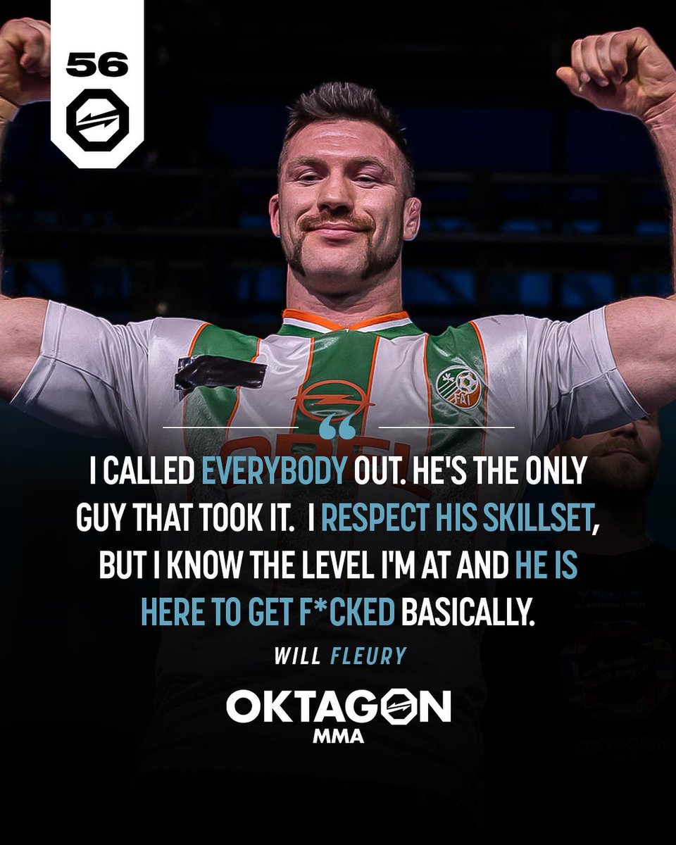 🇮🇪 Fleury coming to take over 🇮🇪 Irish standout, Will Fleury (11-3, 1NC), makes his promotional debut at OKTAGON 56. Can he move himself to the top of the light heavyweight division on April 20 in Birmingham when he faces Škvor? Buy tickets👇🏼 🎫 oktagonmma.com/en/events/okta…