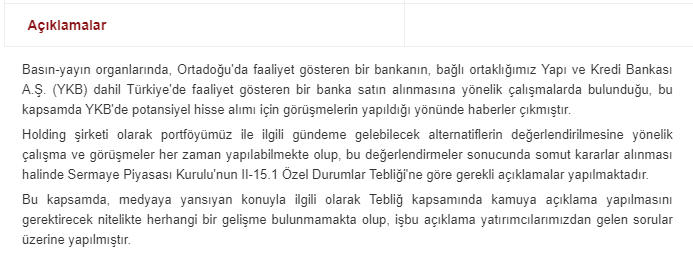 Koç Holding #ykbnk haberine ilişkin KAP açıklaması. Özeti 'önce parayı görelim'. #kchol