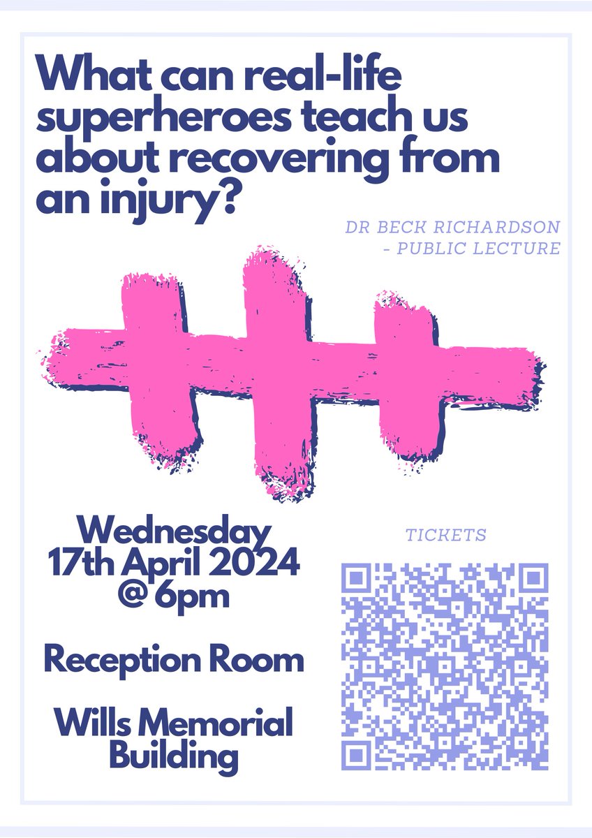 Dr Beck Richardson @Beck4science Public Lecture - 17th April @ 6pm in Wills Memorial Building @wills_memorial 

'What can real-life superheroes teach us about recovering from an injury?'

Tickets: shop.bris.ac.uk/product-catalo…

#UoBPPN #PublicLecture #WillsMemorialBuilding