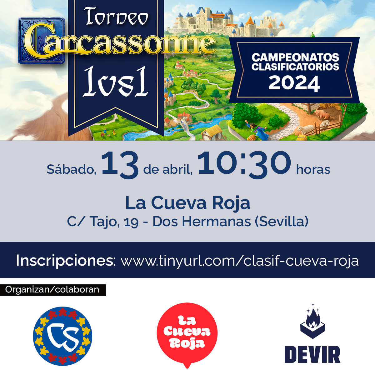 ¡Llegan los clasificatorios para el Nacional de #Carcassonne! 🙌 El 13 de abril colaboramos con @LaCuevaRoja organizando este torneo que dará plaza directa 🏆. Además, se sorteará un juego ¡y campeón y subcampeón recibirán premios de @DevirIberia! 🔗tinyurl.com/clasif-cueva-r…