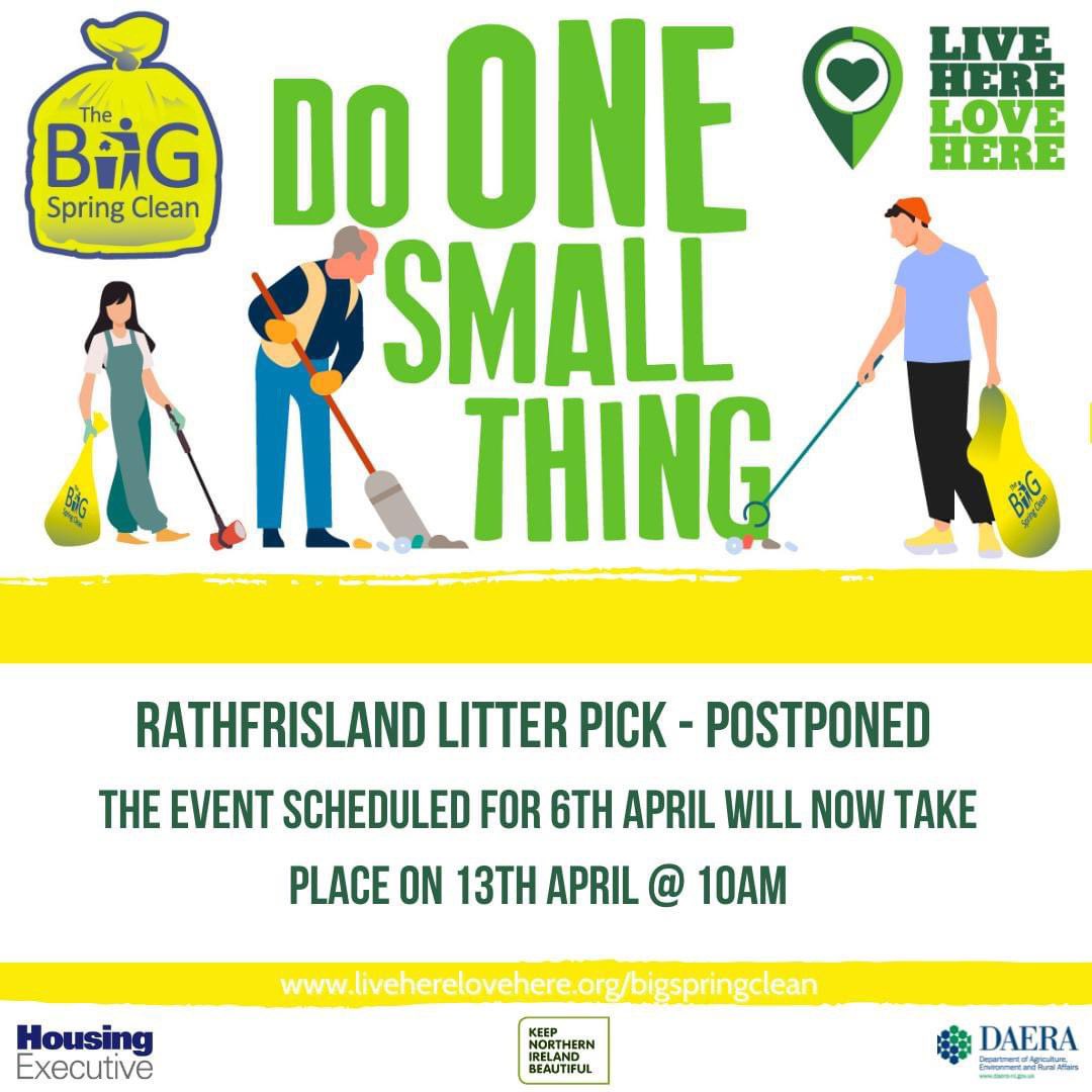 🌬Due to a Yellow Weather warning the Rathfrisland Big Spring Clean event due to take place on 6th April 2024 has been postponed. ☀Join us for the event on Saturday 13th April 2024 starting at 10am. 💚Full schedule of events; liveherelovehere.org/bigspringclean