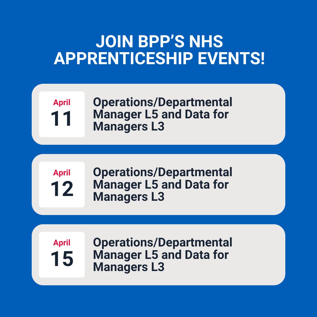 Join BPP's webinars for insight into what their fully funded NHS apprenticeships can offer. Click the link to join a session: bit.ly/3PwqQPQ