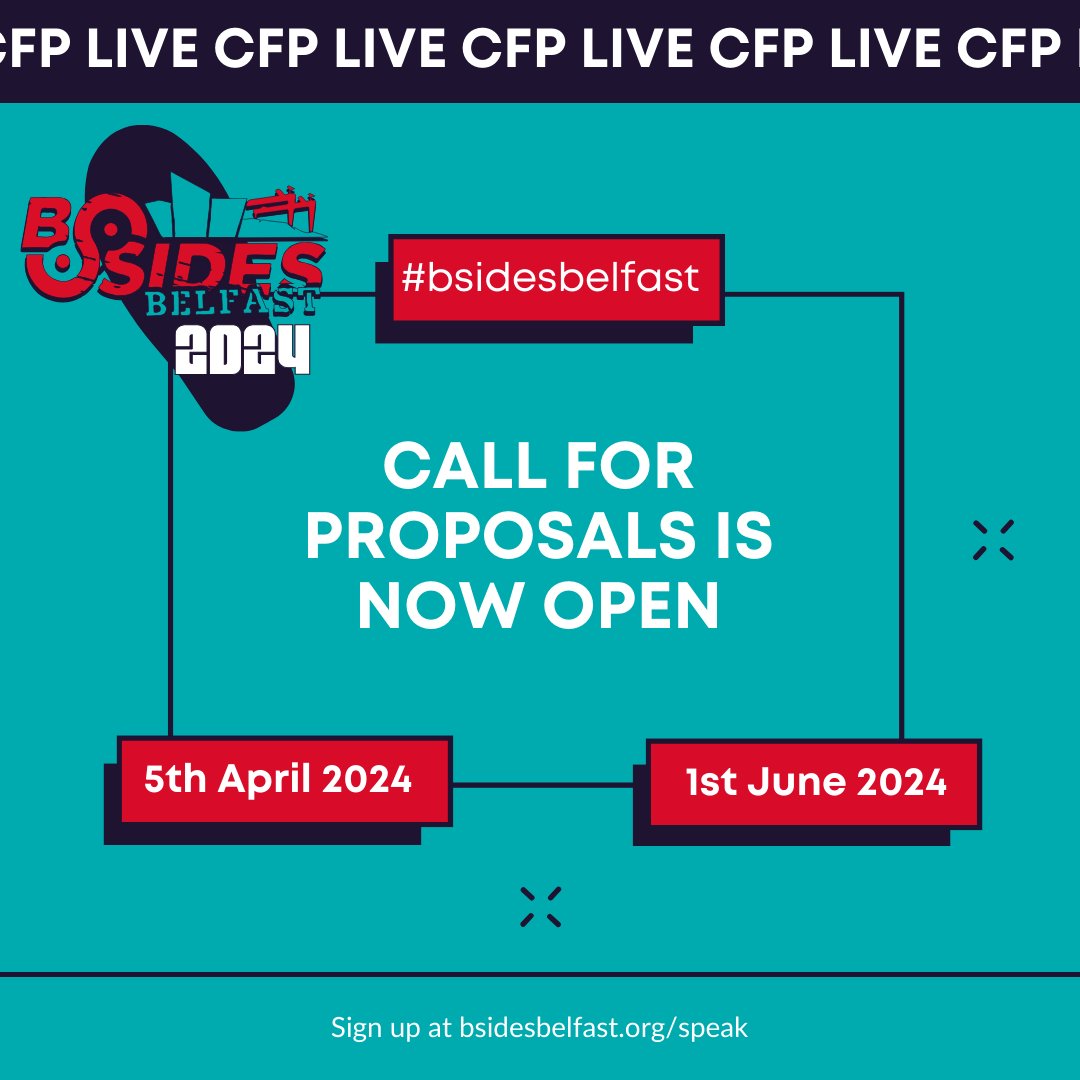 Out #bsidesbelfast24 #CFP is now open! 
Submit early and submit often, and keep an eye out for our upcoming speaker workshop series in collaboration with the rest of the Northern Ireland tech community!
bsidesbelfast.org/speak/