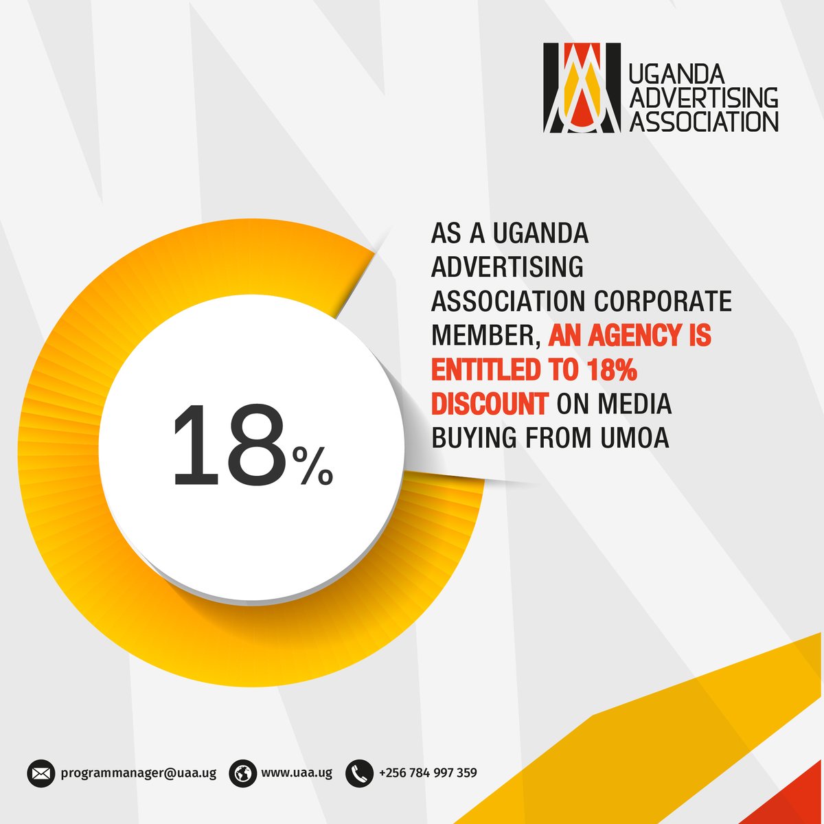 DID YOU KNOW? As a @UAA_Uganda corporate member, an Agency is entitled to 18% discount and other benefits on media buying from @UMOA Check our website for more benefits uaa.ug #UAA #UMOA #Advertising #Media