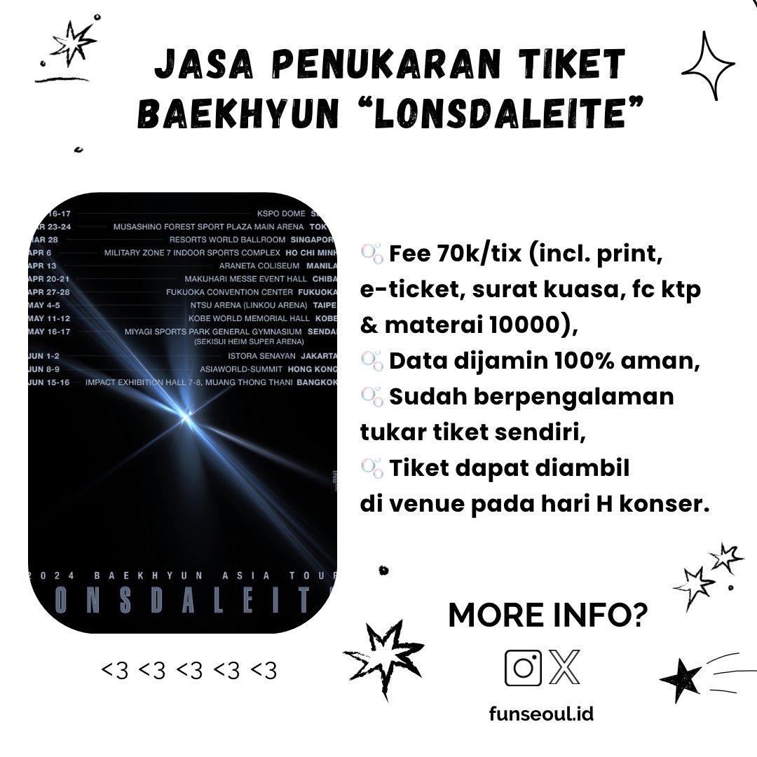 funseoul_id's tweet photo. Jasa Penukaran Tiket BAEKHYUN - LONSDALEITE
✅ All sections   
✅100% Trusted  
✅COD Venue 
DM us for ask &amp; order🙌

#LONSDALEITEINJAKARTA #백현 #BAEKHYUN #LONSDALEITEINJKT https://t.co/hy3QKA2GhS