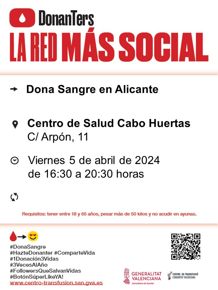 Dona sang en #Alacant 📅Divendres #5abril Donar sang de manera regular garantix la disponibilitat de components sanguinis als hospitals. Uneix-te a la Fàbrica de la vida❤️