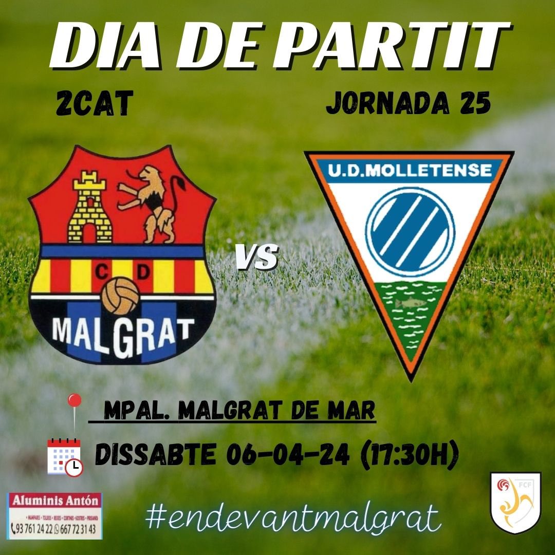⚫️🔵 ᗪIᗩ  ᗪE  ᑭᗩᖇTIT 🔵⚫️

Aquest cap de setmana rebrem a casa al <a href="/udmolletense/">U.D. MOLLETENSE</a>, un nou repte per als nostres! 

📍Mpal. Malgrat de mar
📆 Dissabte 06/04/24

#cdmalgrat #fcf #futcat #futbolamateur #2CAT #maresme #malgratdemar #endevantmalgrat