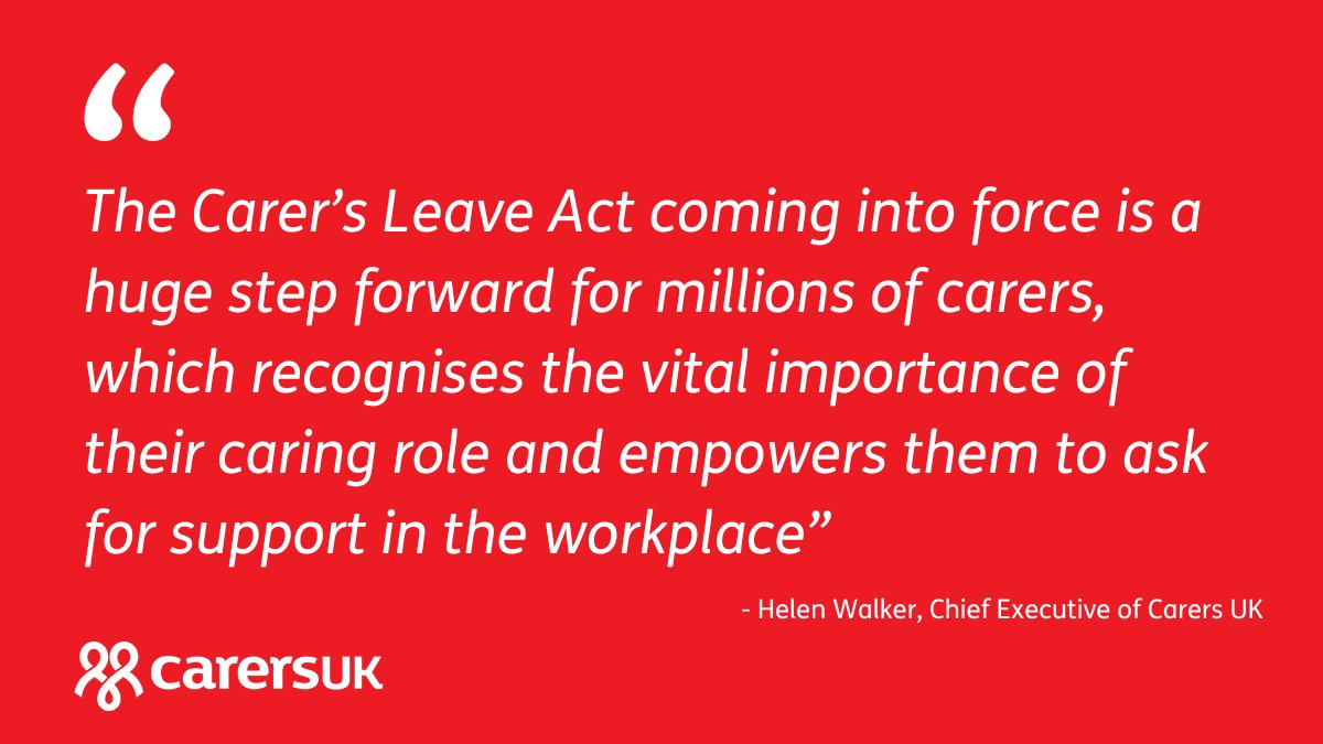 2.3 million workers with unpaid caring responsibilities in Great Britain will be entitled to take up to five days unpaid leave when the new Carer’s Leave Act comes into force tomorrow.

Our Q&amp;A answers the key questions about these landmark new rights:  carersuk.org/help-and-advic…